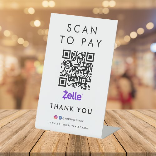 Thank you Zelle Modern Scan to Pay QR Code White Pedestal Sign