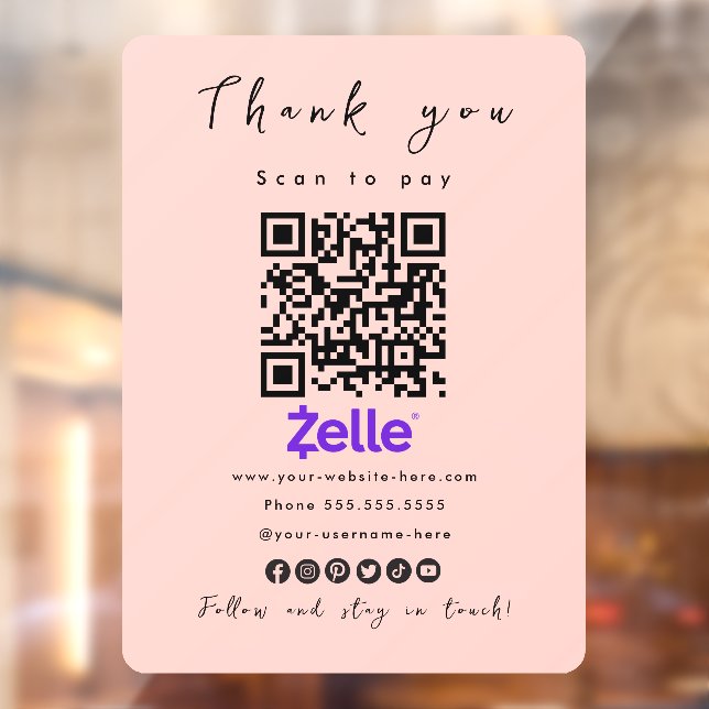 Thank You Zelle QR Code Scan to Pay Blush Pink Window Cling (Sheet 2)