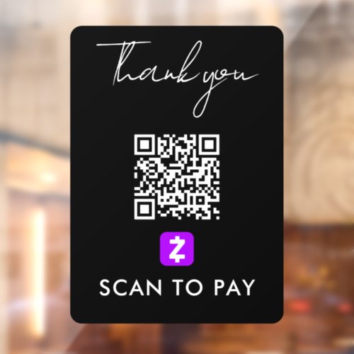 Thank You Zelle QR Code Scan to Pay Modern Black Window Cling