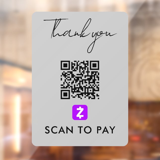 Thank You Zelle QR Code Scan to Pay Modern Grey Window Cling (Sheet 2)