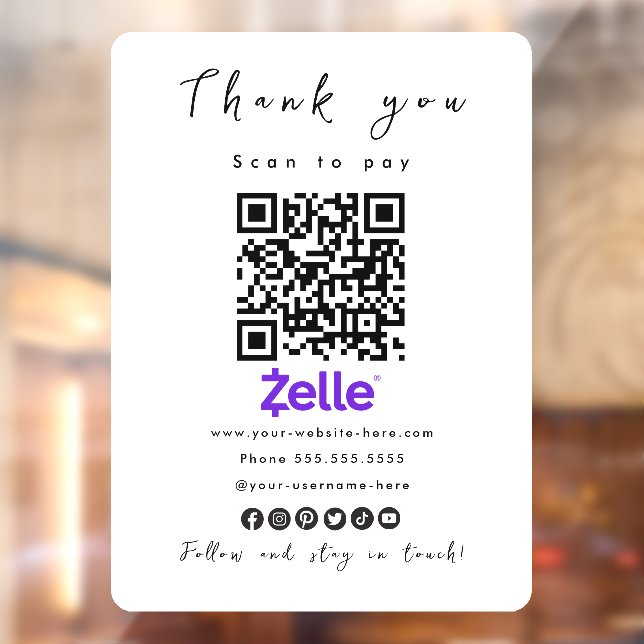 Thank You Zelle QR Code Scan to Pay Modern White Window Cling (Sheet 2)