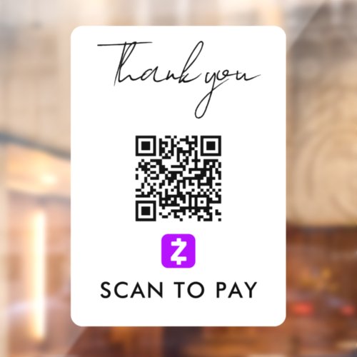 Thank You Zelle QR Code Scan to Pay Modern White Window Cling