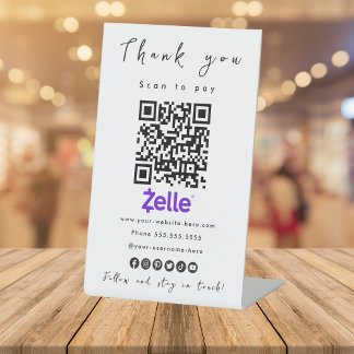 Thank You Zelle QR Code Scan to Pay White Pedestal Sign