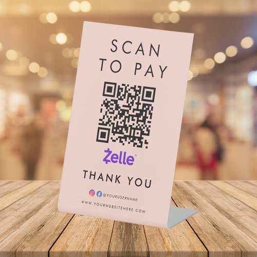 Thank you Zelle Scan to Pay QR Code Blush Pink Pedestal Sign