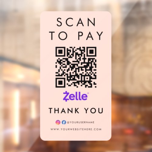 Thank you Zelle Scan to Pay QR Code Blush Pink Window Cling