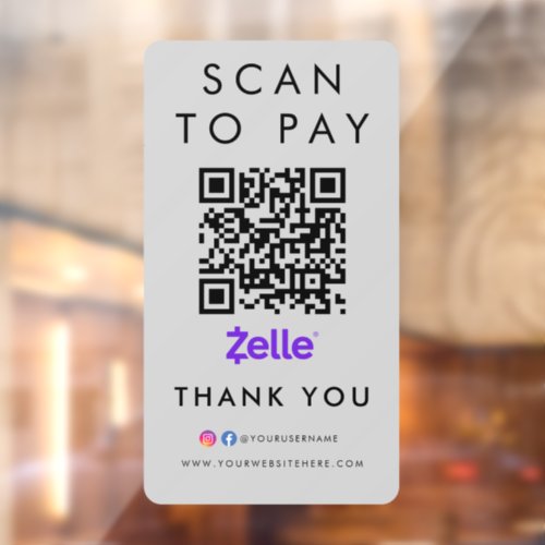 Thank you Zelle Scan to Pay QR Code Modern Grey Window Cling