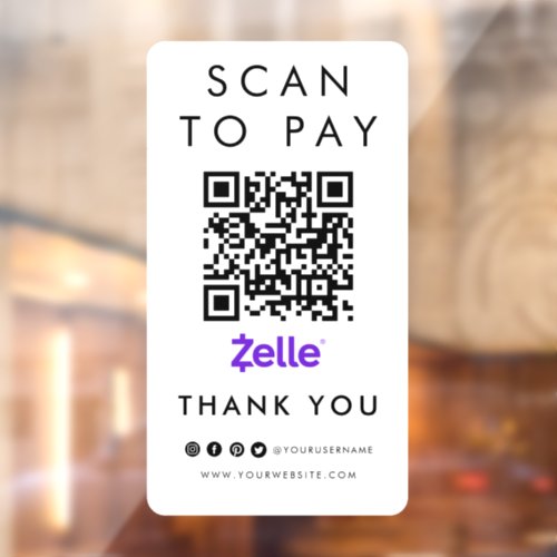 Thank you Zelle Scan to Pay QR Code Modern White Window Cling