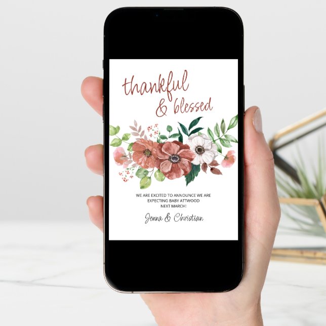 Thankful and Blessed Autumn Flowers Pregnancy Announcement (Front Digital)
