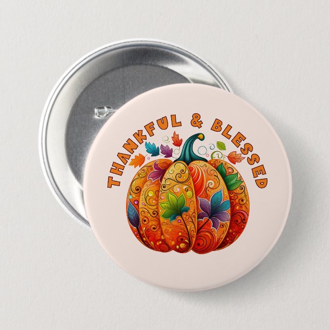 Thankful and Blessed Autumn Pumpkin Button (Front & Back)
