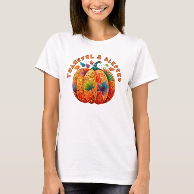 Thankful and Blessed Autumn Pumpkin T-Shirt (Front)