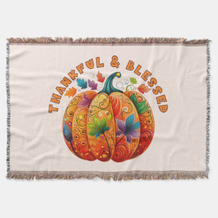 Thankful and Blessed Autumn Pumpkin Throw Blanket