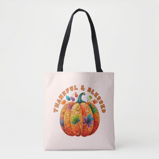 Thankful and Blessed Autumn Pumpkin Tote Bag (Front)