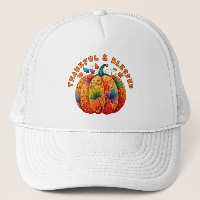 Thankful and Blessed Autumn Pumpkin Trucker Hat (Front)