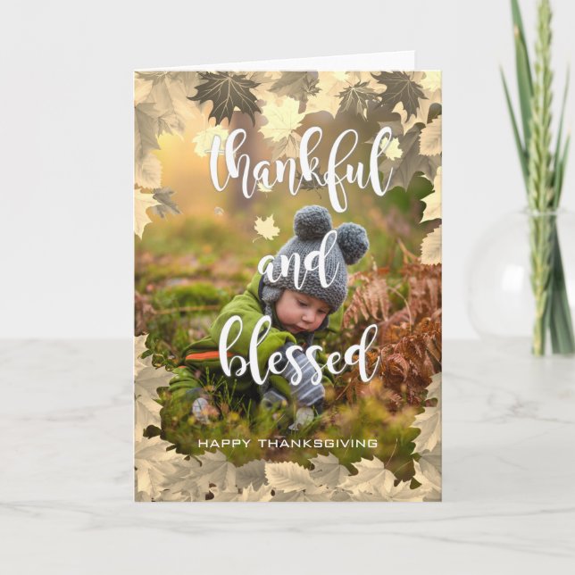 Thankful and Blessed Autumn Thanksgiving Photo Holiday Card (Front)