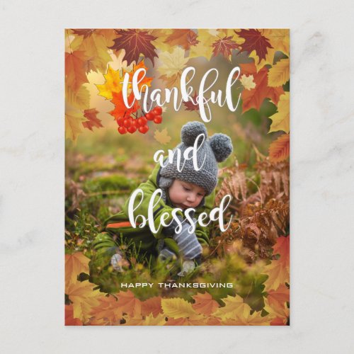 Thankful and Blessed Autumn Thanksgiving Photo Holiday Postcard