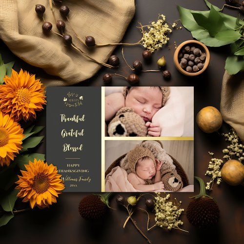 Thankful and Blessed Beautiful Thanksgiving Photo Foil Holiday Card