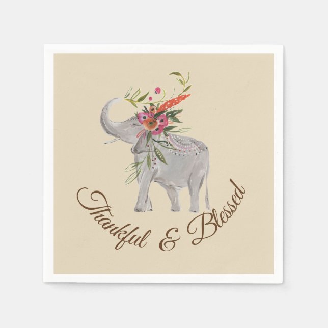 Thankful and Blessed Elephant Thanksgiving Napkins (Front)