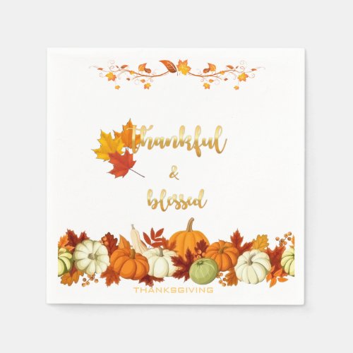 Thankful and Blessed Golden Script Thanksgiving Paper Napkins