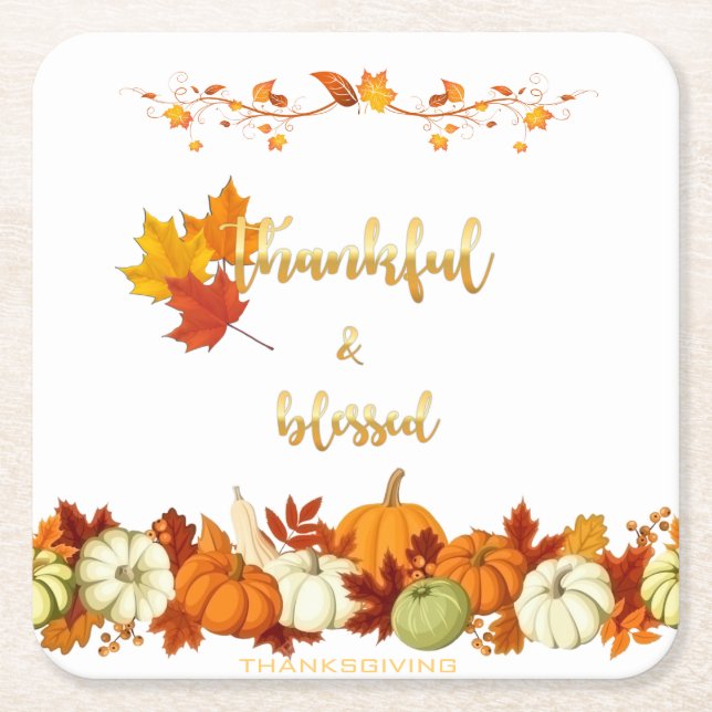 Thankful and Blessed Golden Script Thanksgiving Square Paper Coaster (Front)