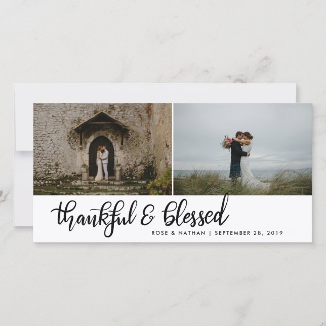 Thankful And Blessed Handwritten Two Photos Thank You Card (Front)