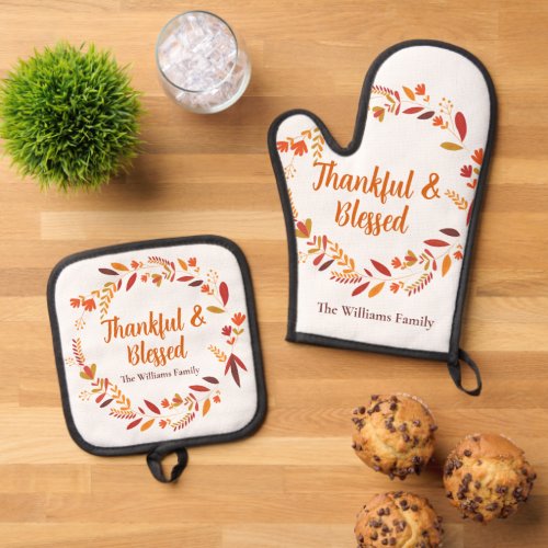 Thankful and Blessed Personalized Thanksgiving Oven Mitt  Pot Holder Set
