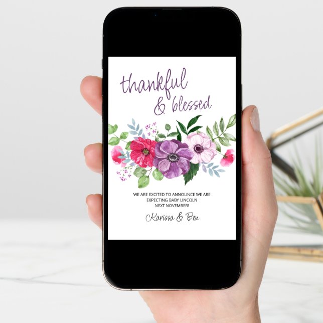 Thankful and Blessed Purple Pink Flowers Pregnancy Announcement (Front Digital)