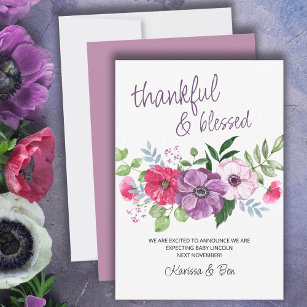 Thankful and Blessed Purple Pink Flowers Pregnancy Announcement