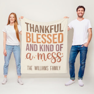 Thankful and Blessed Text Cozy Fall Autumn Fleece Blanket