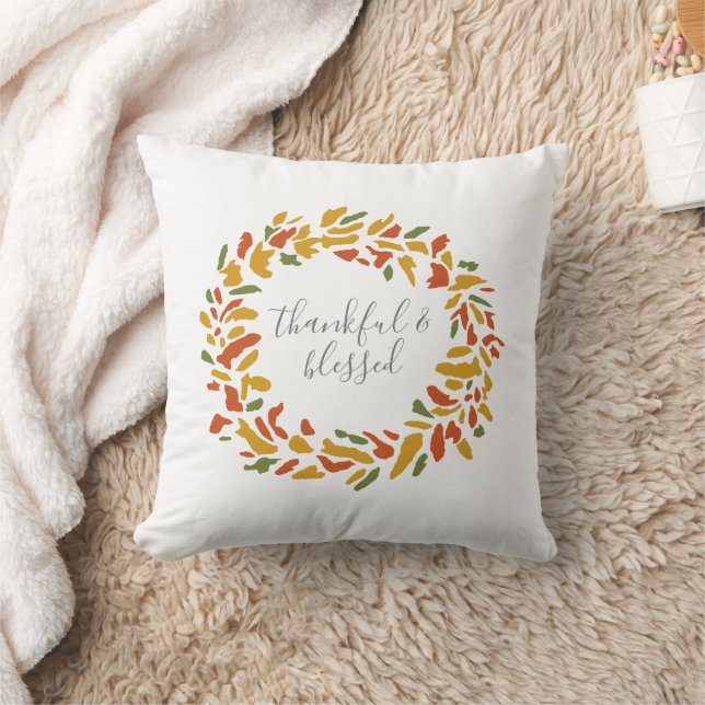 Thankful and Blessed Wreath Autumn Painting Throw Pillow (Blanket)