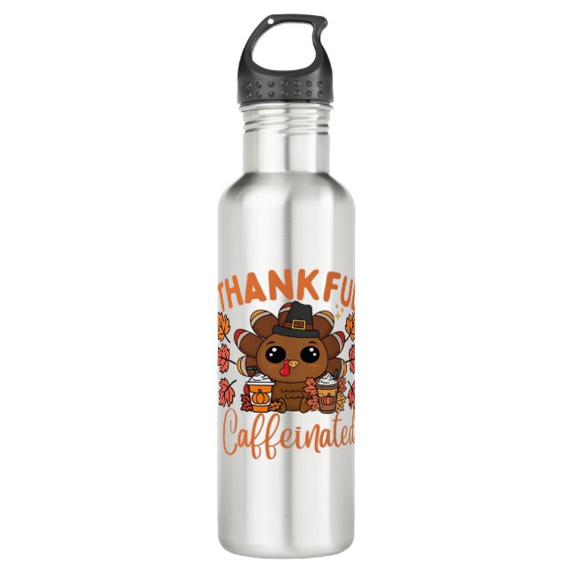 Thankful And Caffeinated Funny Thanksgiving Coffee Stainless Steel Water Bottle (Front)