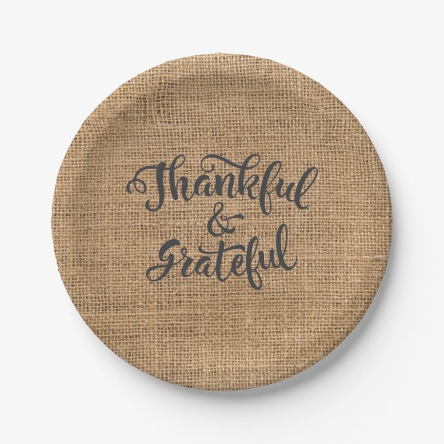 Thankful and Grateful Burlap. Happy Thanksgiving. Paper Plates (Front)