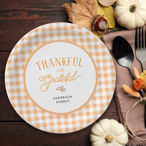 Thankful And Grateful Orange Gingham Thanksgiving Paper Plates