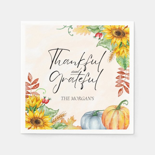 Thankful and Grateful Watercolor Pumpkin  Napkins (Front)