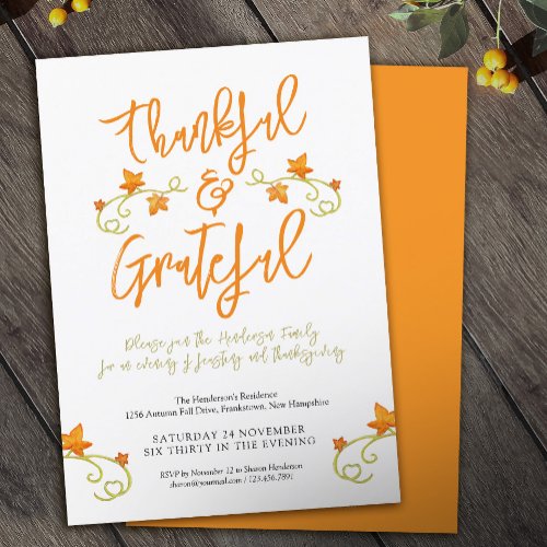 Thankful and greatful Thanksgiving Dinner orange Invitation