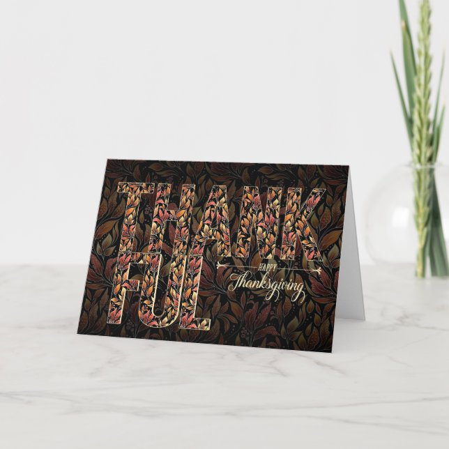 THANKFUL Autumn Leaf Typography Thanksgiving Holiday Card (Front)