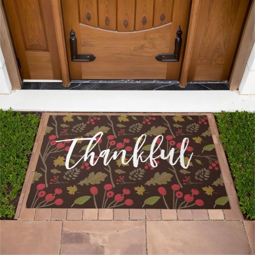 Thankful Autumn leaves foliage on brown Doormat