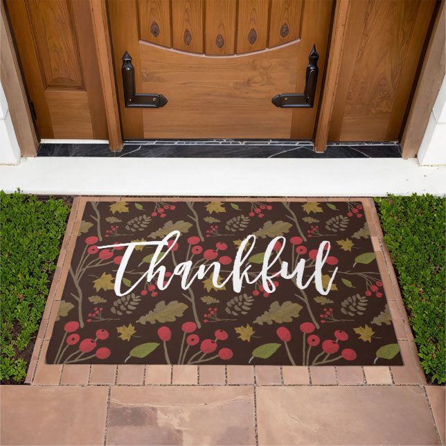 Thankful Autumn leaves foliage on brown Doormat (Outdoor)