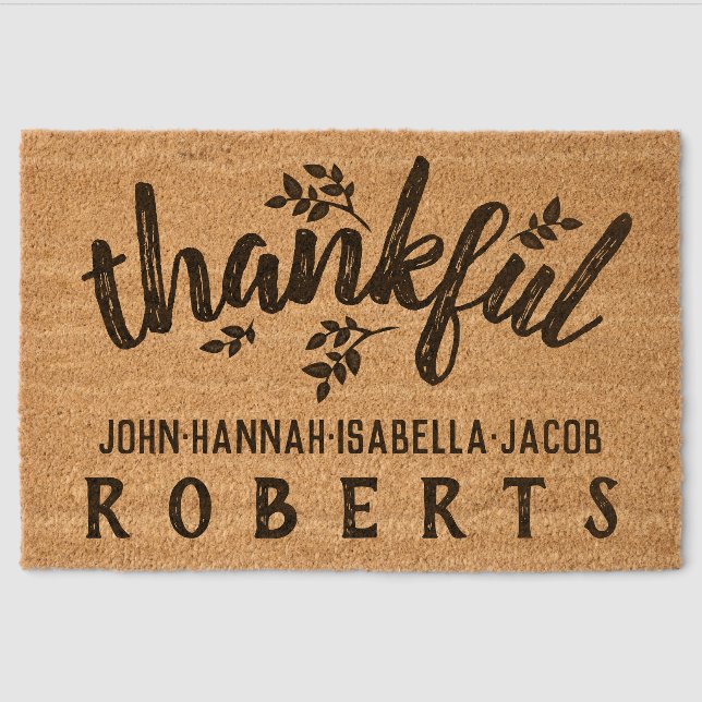 Thankful Autumn Leaves Personalized Family Name Fiber Doormat (Front)