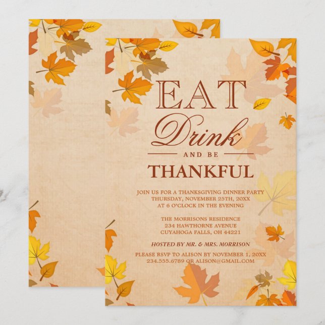 Thankful Autumn Leaves Thanksgiving Dinner Party Invitation (Front/Back)