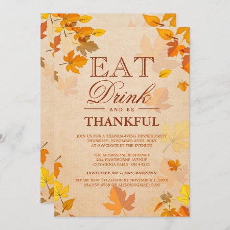 Thankful Autumn Leaves Thanksgiving Dinner Party Invitation