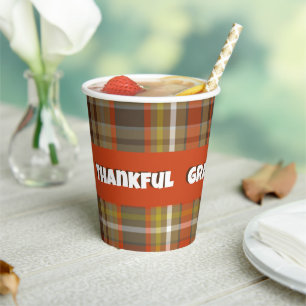 Thankful Autumn Plaid Brown Orange Gray Gold White Paper Cups