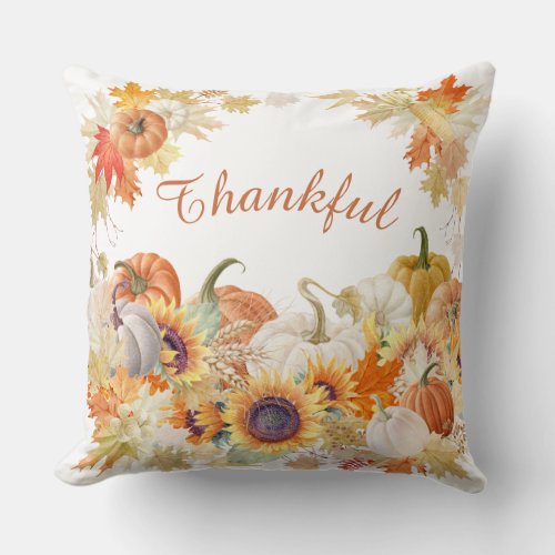 Thankful Autumn Pumpkin Sunflower Farmhouse Check Throw Pillow