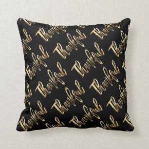 Thankful Black and Gold Script Thanksgiving Throw Pillow