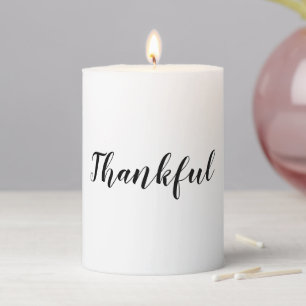 Thankful black white modern script thanksgiving pillar candle