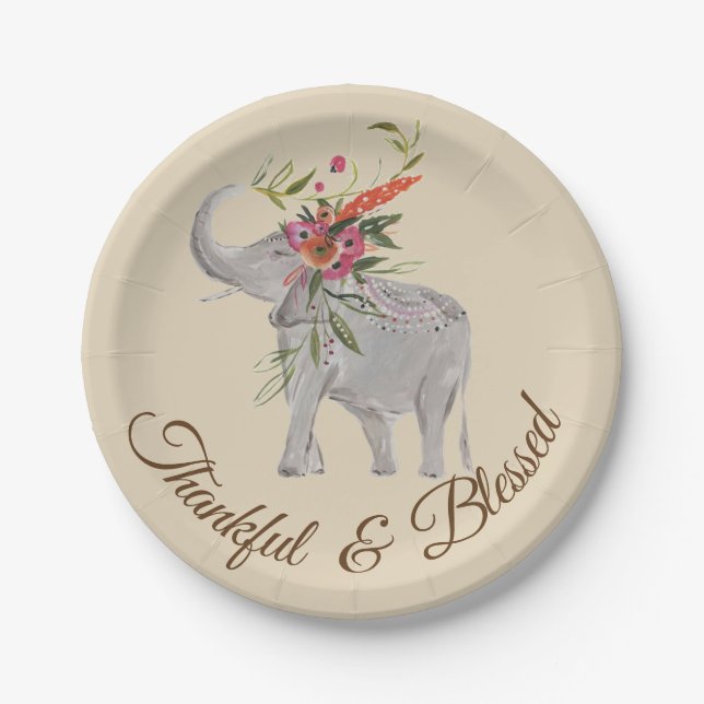 Thankful & Blessed Elephant Thanksgiving Paper Plates (Front)