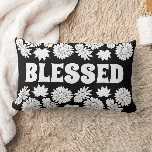 Thankful  Blessed Fall Autumn Flowers Black Lumbar Pillow