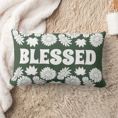 Thankful  Blessed Fall Autumn Flowers Green Lumbar Pillow