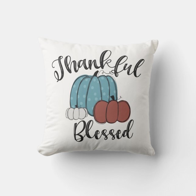 Thankful Blessed Fall Blue Pumpkin Outdoor Pillow (Front)