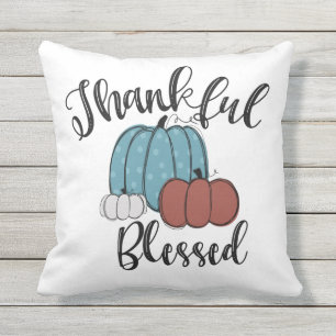 Thankful Blessed Fall Blue Pumpkin Outdoor Pillow