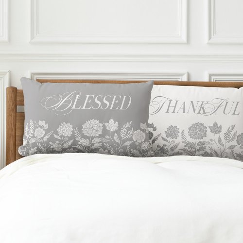 Thankful  Blessed Fall Foliage  Flowers Grey Lumbar Pillow